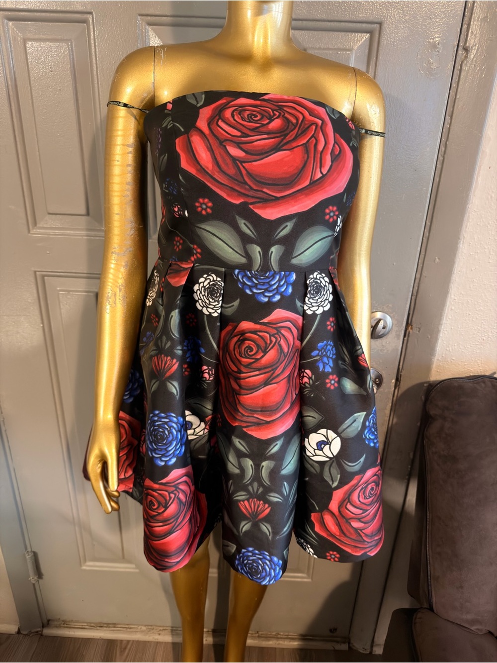 Chi Chi London Strapless Floral Fit & Flare Dress in Black, Red and Blue